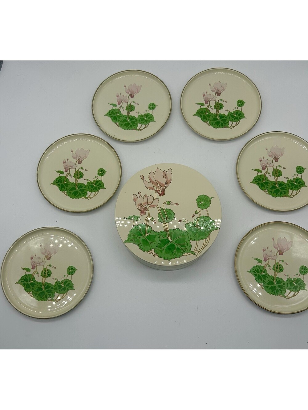 Vintage Otagiri Cyclamen Coasters Japan Lacquerware Pink Flowers Cottage Core
